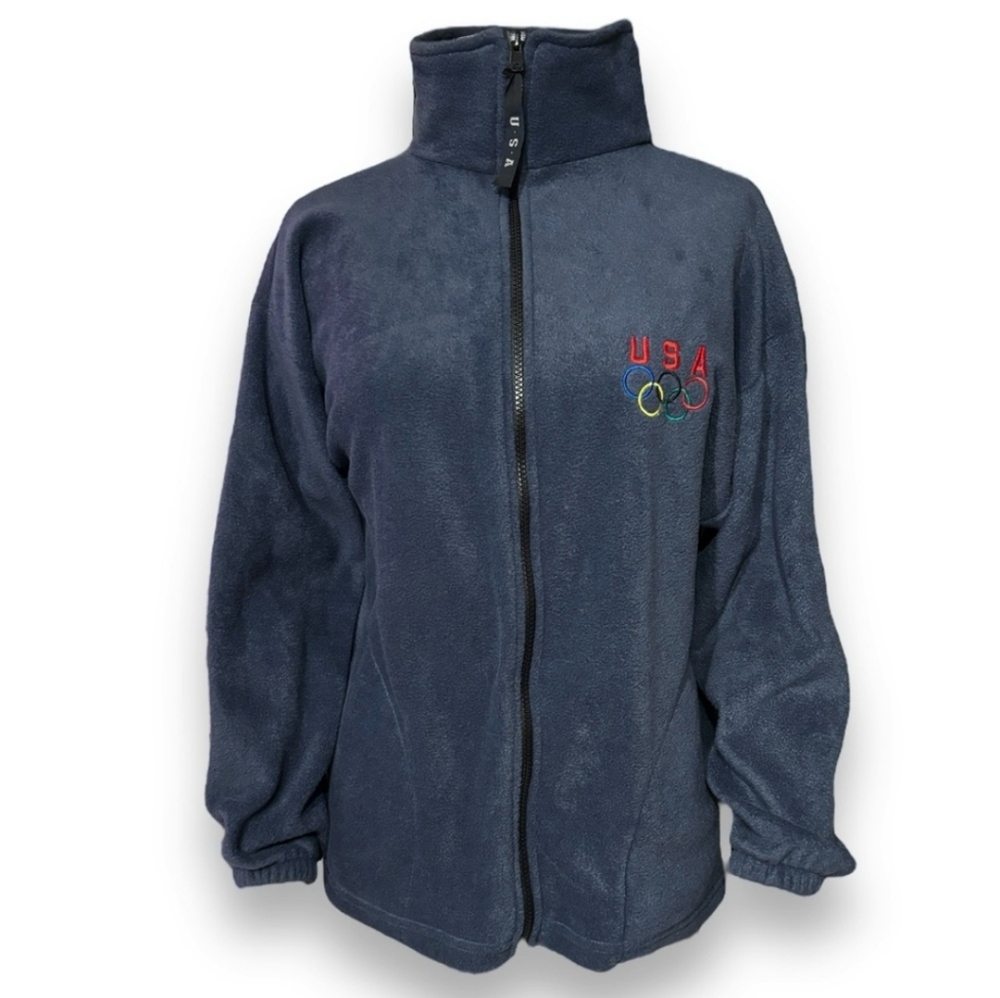 USA Olympic Rings Embroidered Fleece Zip Front Jacket Made in USA100%